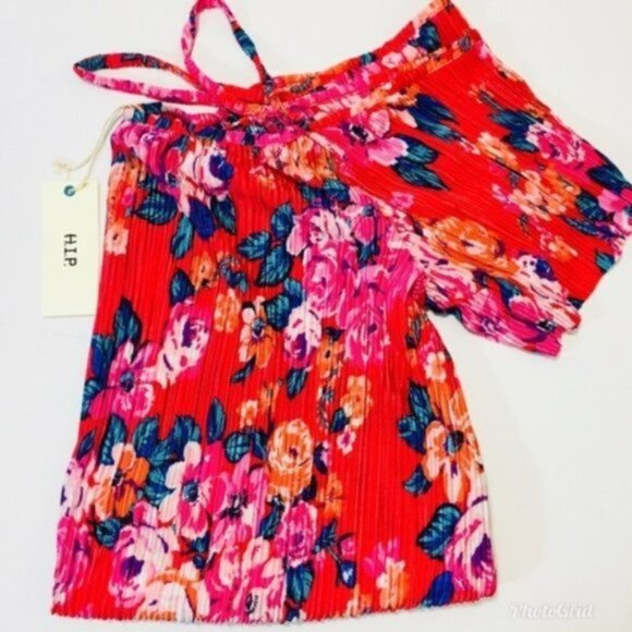 H.I.P. Womens Pink Floral Cold Shoulder Short Sleeve Crinkle Blouse Sz XS New - Picture 6 of 9